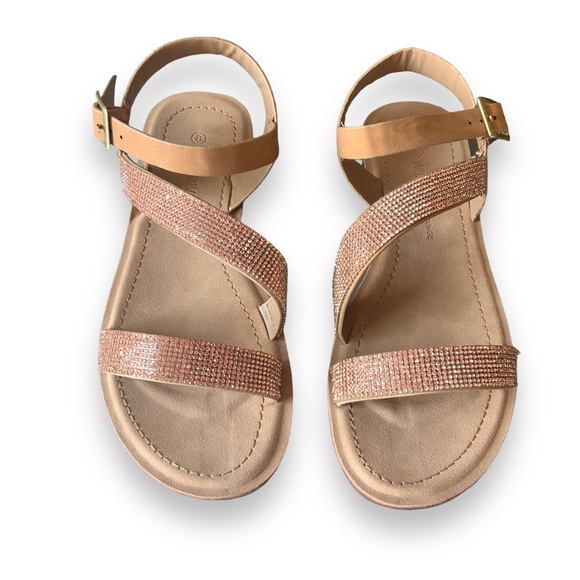 Wild Diva Shoes - Vegan Leather Faux Rose Gold Rhinestone Detail Side Buckle Sandals